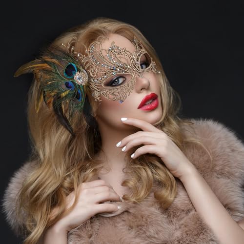 Zinniday Lace Masquerade Masks for Women - 1920s Peacock Feather Venetian Mask for Halloween Couples Mardi Gras Ball