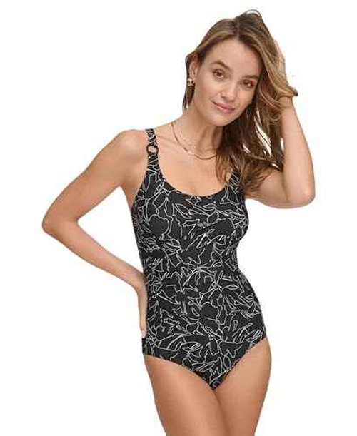 DKNY Women's Over The Shoulder One Piece Swimwuit with Tummy Control, Black/White Multi, X-Small