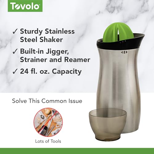 Tovolo Cocktail Shaker Stainless Steel (24 oz.) - Built-In Citrus Reamer, Strainer, & Jigger / Gadget for Bar Cart, Barten...