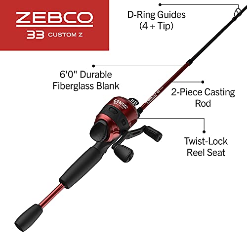 Zebco 33 Custom-Z Spincast Reel and 2-Piece Fishing Rod Combo, 6-Foot Fiberglass Rod with Split-Grip EVA Handle, Quickset ...