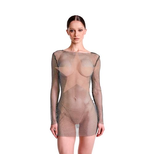 Cute and Spicy Women's Rhinestone Sheer Mesh Dress Long Sleeve Slim Fit V Back Party Clubwear Dress Run Small Order 1 Size UP
