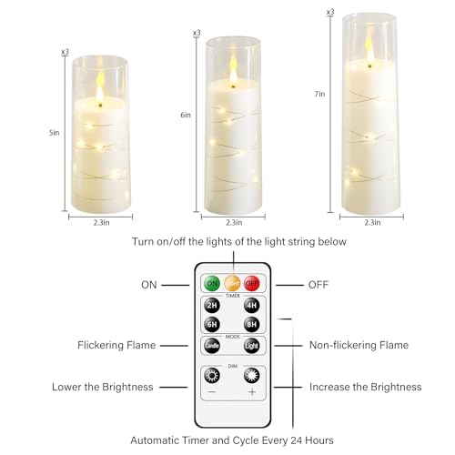 Nimiko Flickering Flameless LED Candles, 9 Pcs with Embedded Star String, Acrylic LED Pillar Candles with Remote, Suitable...