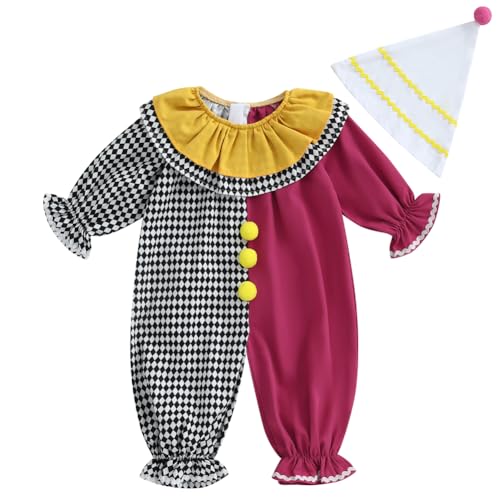 Pudcoco Toddler Baby Boys Girls Halloween Clown Costume Long Sleeve Contrast Color Ruffle Layered Jumpsuit Romper with Hat (Black, 18-24 Months)
