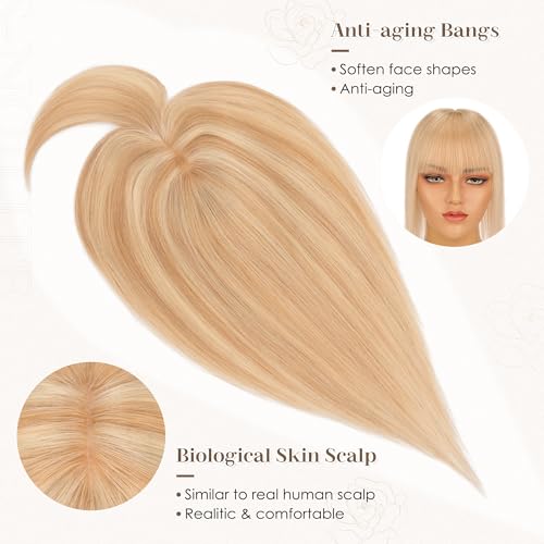 S-noilite Human Hair Toppers for Women with Bangs 100% Real Human Hairpiece 5"x3" Clip in Silk Base Topper Piece Cover Thinning Fine Hair 12 inch Camel Brown Highlighted Blonde