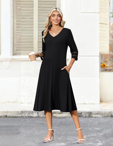 Zeagoo Women's Dresses 3/4 Sleeve Summer Casual V-Neck A Line Flowy Eyelet Midi Dress for Women Beach Vacation Sundress