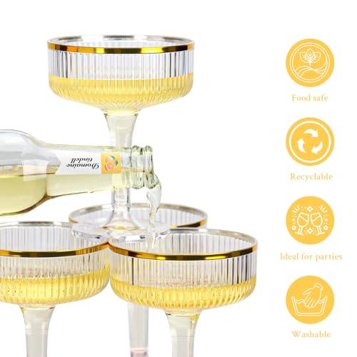 48 Pack Clear Champagne Tower Glasses 7 Oz Champagne Flutes Plastic Champagne Coupe Glasses With Gold Rim Disposable Marti...