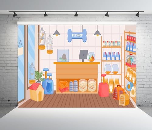 BELECO 5x3ft Fabric Cartoon Pet Shop Backdrop Pet Store with Doghouse Birds Cage Fish Tank Animals Food Photography Backgr...