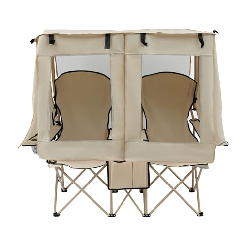 Bathrena Double Camping Chair with Canopy, 600Lbs Capacity 2 Person Portable Folding Outdoor Loveseat with Shade,Cup Holde...
