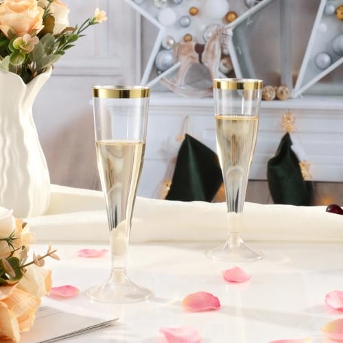 Bestluck 100 Pack Champagne Flutes Plastic with Gold Rim, 4.5 oz Clear Plastic Disposable Stemware, Disposable Champagne F...