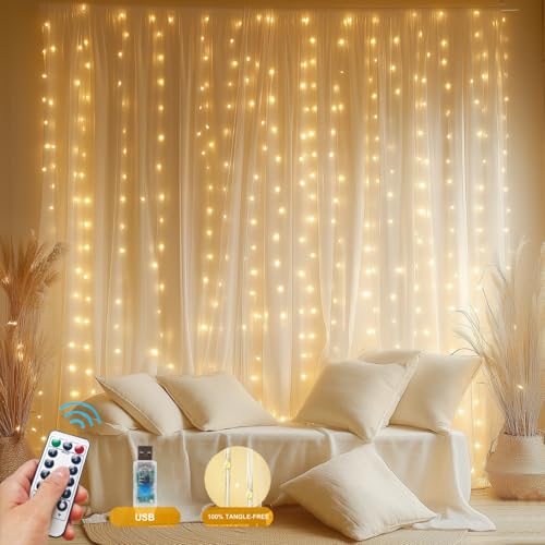 HOLITS Fairy Curtain Lights Upgraded Tangle-Free Warm White USB Plug in 8 Modes String Hanging Lights with Remote for Chri...