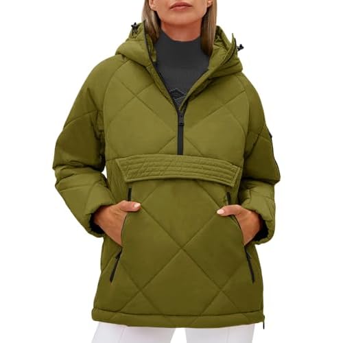 Cicy Bell Women's Quilted Puffer Pullover Jackets Oversized Half Zip Puffy Hooded Outerwear Warm Winter Coats