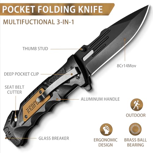 NedFoss Pocket Folding Knife DA75, 3 in 1 Pocket Knife for Men, Survival Knife with Liner-Lock Belt Clip, Seat Belt Cutte...