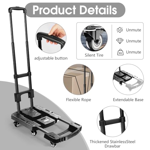 Voipvvii Folding Hand Truck 500lbs, Portable Heavy Duty Dolly Cart, 6 Wheels Collapsible Luggage Cart with 2 Elastic Ropes...
