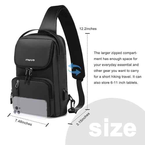 MOSISO Sling Bag Crossbody Sling Backpack with USB Charging Port for Men, Small Chest Daypack Purse Crossbody Shoulder Bag with 2 Raised Pockets for Hiking Casual Travel Commuting, Black