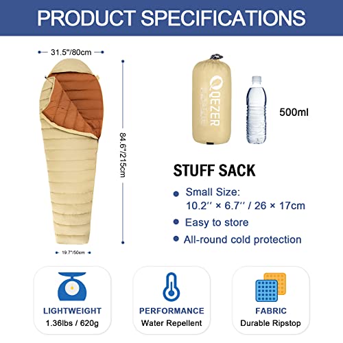 Ultralight Down Sleeping Bag for Adults with 600 Fill Power, Compact Sleeping Bag for Backpacking, Hiking and Camping
