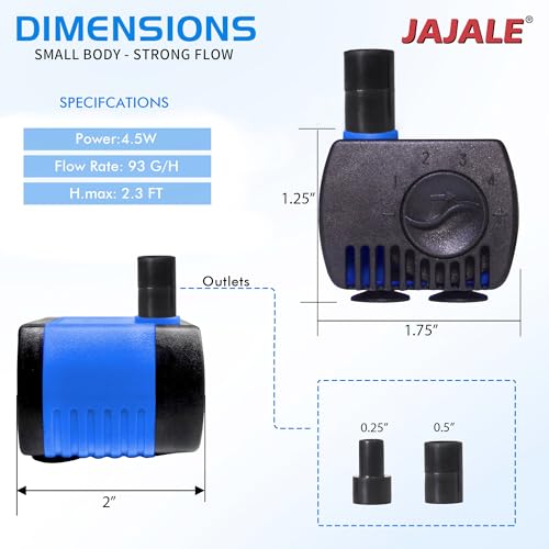 JAJALE 80 GPH Submersible Water Pump - Adjustable Quite Aquariums, Fountains, Hydroponics, and Pond Pump, 2.25 ft Lift, 4.5W