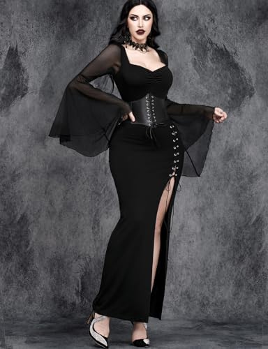 InGoticos Women Gothic Sexy Slit Flare Sleeve Patchwork Party Dress