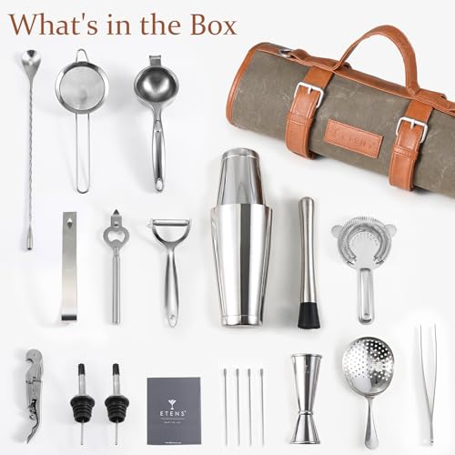 Etens Travel Bartender Kit – 22-Pc Bartending Kit with Bar Tools Bartender Accessories, Waxed Canvas Tool Bag – Profession...