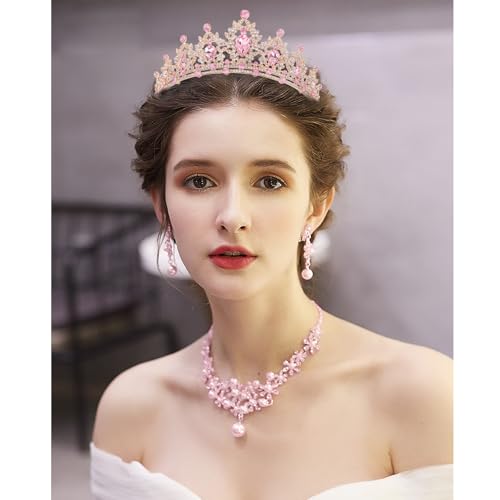 CIEHER Pink Crown Crystal Tiaras for Women Princess Crown Pink Tiara for Birthday Wedding Halloween
