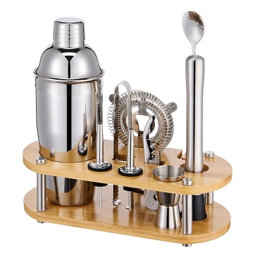 Cocktail Shaker Set Bartender Kit - 11 Pcs Bar Tool Set with Bamboo Stand & All Bar Accessories: Martini Shaker, Strainer,...