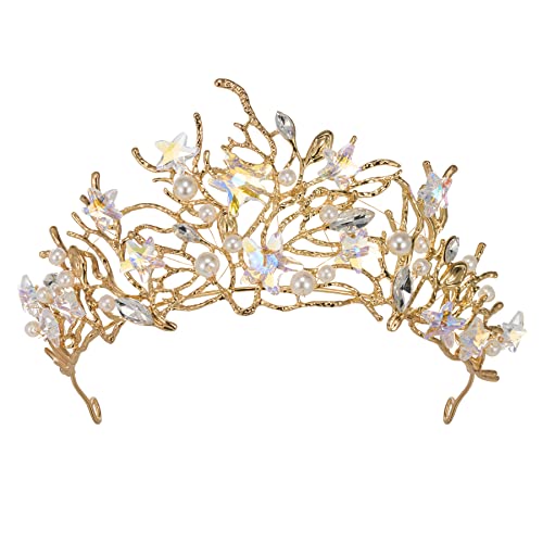 SWEETV Mermaid Tiara for Girls Women, Gold Princess Crown Diadem, Jeweled Headpiece Costume Hair Accessories for Birthday ...