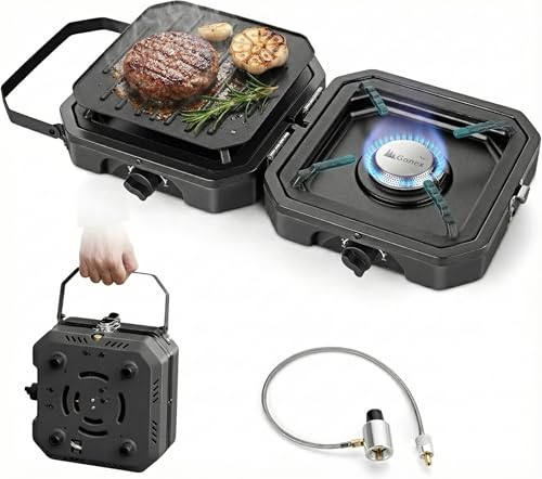 Gonex 2 Burner Propane Camping Stove with Griddle & Grates, Portable Foldable Cooking Stove with Total 16,000 BTU, Two Pie...