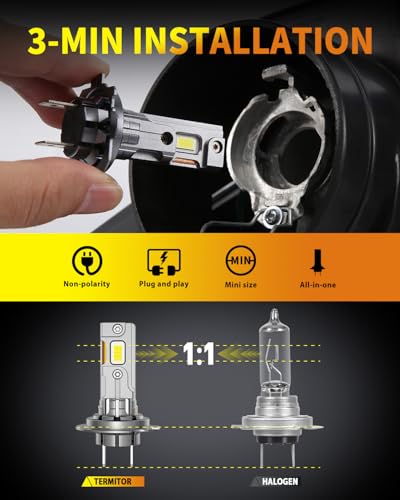 Termitor Latest H7/H7LL Bulbs, 50,000LM 900% Brightness, 6500K White Super Bright, 1:1 Halogen Size, 6500 Cool White H7 Fo...