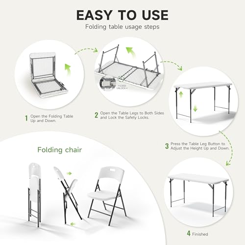 Ortus Collective 4FT Folding Table Set with 4 Folding Chairs, Heavy Duty 400 lbs Table & 600 lbs Chairs, Portable Folding ...