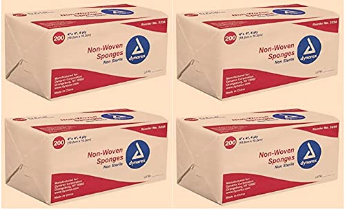 Dynarex Non-Woven Sponges, Non-Sterile, Gauze, for Cleansing, Prepping and Dressing, Highly-Absorbent, Less Linting, 4-Pack, 4"x 4", 4 Ply, 800 Sponges (Packaging May Vary)