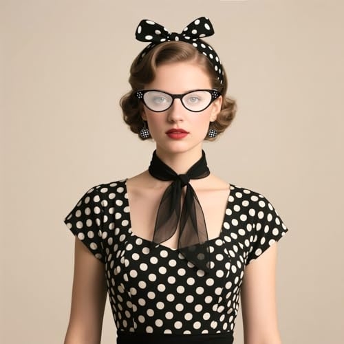 Bcxfbxd 7 Pcs 50's Women Costume Accessories Set Cat Eye Glasses Scarf Bandana Headband Drop Dot Earrings for Party Halloween