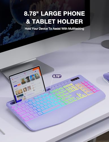 Wireless Keyboard with 9 Effects Backlits, Wrist Rest, Phone Holder, Rechargeable Ergonomic Computer Keyboard with Silent ...