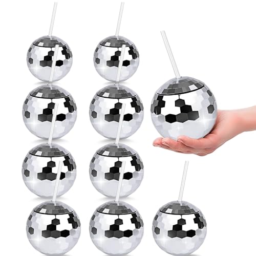 FLUFFORT 9 Pcs Disco Ball Cups with Lid and Straw – Silver Spherical Cocktail Tumblers, Reusable Disco Wine Glasses for Ba...