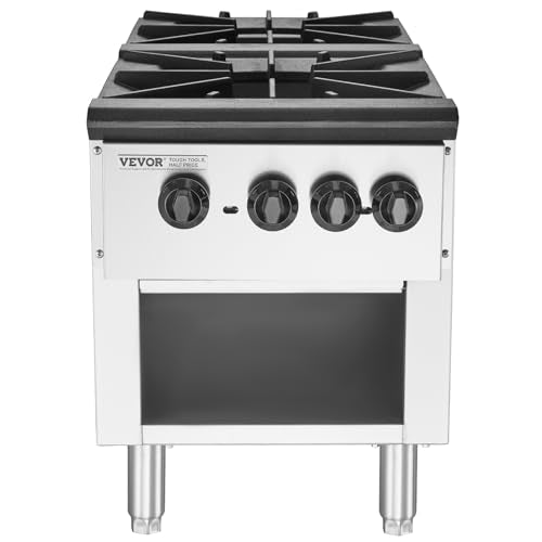 VEVOR Commercial Gas Stove with 2 Burners, Propane and Natural Gas Countertop Cooking Stove Range, Stainless Steel Gas Hot Plate, Commercial Cooking Equipment for Restaurant, 180,000 BTU