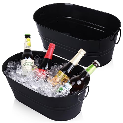 Galvanized Tub Beverage Tubs, 2pcs Metal Ice Buckets for Cocktail Bar 3 Gallon Wine Beer Drink Buckets with Handles Large ...