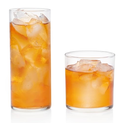 Libbey Miles Tumbler and Rocks Bar Drinkware Glasses Set, Clear All-Purpose 16 Piece Glassware Set, Sleek Glass Drinking C...