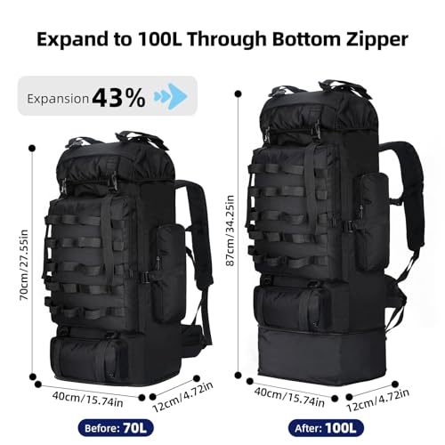 LibSkyln 70L/100L Camping Hiking Backpack with Rain Cover, Expandable Large Military Tactical Backpack, Waterproof Molle R...