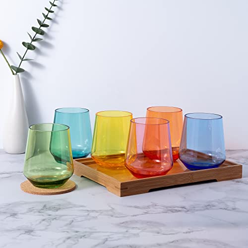 KX-WARE Unbreakable 16-ounce Acrylic Stemless Wine Glasses All Purpose Plastic Tumbler, set of 6 Multicolor Dishwasher Saf...