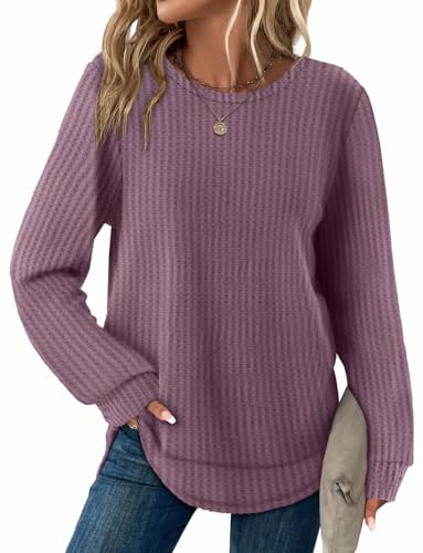 WIHOLL Tunic Tops for Women Loose Fit Dressy Waffle Knit Long Sleeve Shirts Trendy Fall Fashion Crewneck Sweaters Curved Hem