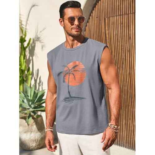 Runcati Mens Sleeveless Tank Tops Workout Gym Muscle Shirts Palm Tree Vintage Hawaiian Summer Beach T Shirts