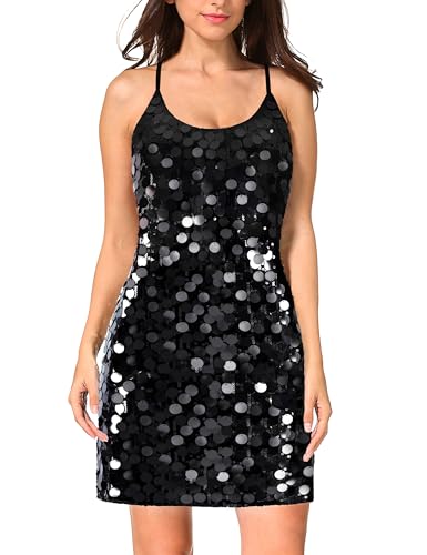 MANER Women's Glitter Sequin Dress Adjustable Spaghetti Strap Sparkle Party Dresses