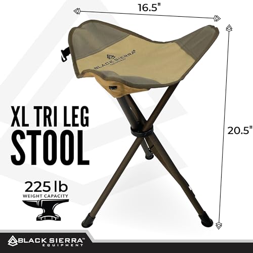 Black Sierra Folding Hunting Stool w/Shoulder Strap Supports 225 lbs, Lightweight Collapsible Tripod Seat, Foldable Steel ...
