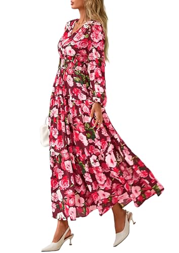 PRETTYGARDEN Long Sleeve Maxi Fall Dresses for Women 2026 Vneck Smocked Boho Floral Tiered Swing Flowy Wedding Guest Dress