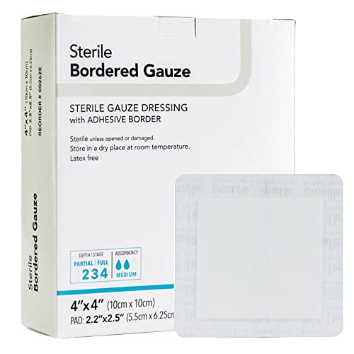 DermaRite's Sterile Bordered Gauze Dressing with Adhesive Border - Flexible Non-Linting Material, First-Aid, Individually Packaged - 4 in. x 4 in., 1 Count, 25 Packs, 25 Total