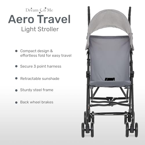 Dream On Me Aero Travel Umbrella Stroller, One-Hand Quick Fold, 3-Point Safety Harness, Dual Brakes, Adjustable Removable ...