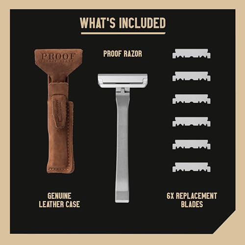 Proof Single Blade Razor for Men Pivoting Head Made in USA - CNC Machined Aluminum Easy Blade Replacement - Includes Genuine Leather Travel Case and Safety Razor Blades