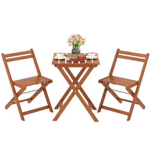 Tangkula 3 Pieces Solid Wood Patio Bistro Set with 2 Folding Chairs, Outdoor Table and Chairs Set, Balcony Furniture Set, ...