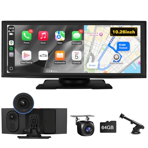 Stihoze 10.26'' Wireless CarPlay Screen for Car with 4K Dash Cam & 1080P Backup Camera, Apple Car Play & Android Auto Car ...