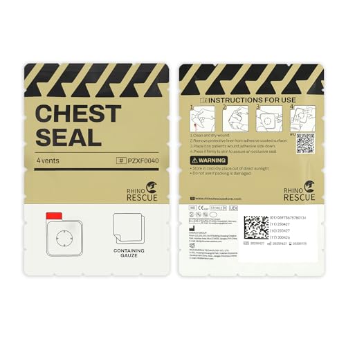RHINO RESCUE Vented Chest Seal, 4 Vents, Sterile Emergency Trauma Dressing, Occlusive Adhesive Pad, IFAK Trauma Refill Med...