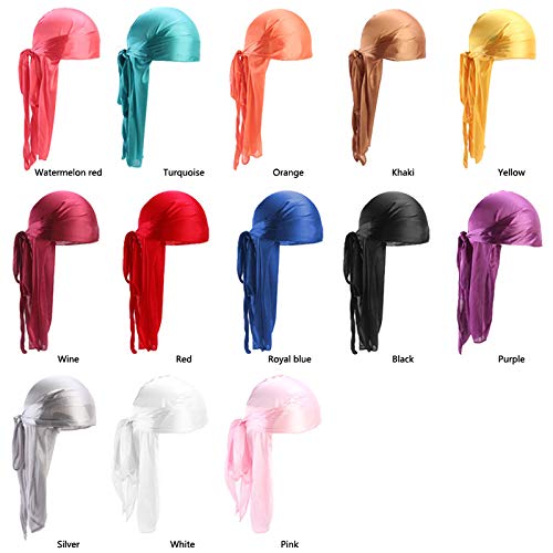 Fxhixiy Men Women Durag Extra Long-Tail Headwraps Silky Satin Pirate Cap Bandana Hat for 360 Waves Black