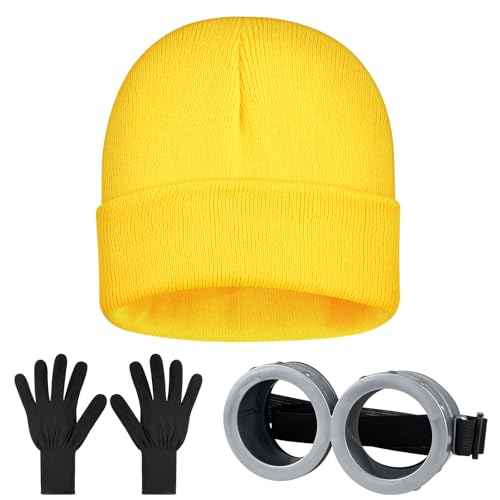 MEEZY Yellow Cosplay Costume Accessories Adult, Yellow Beanie Goggles Gloves for Adults Men Women Halloween Costumes
